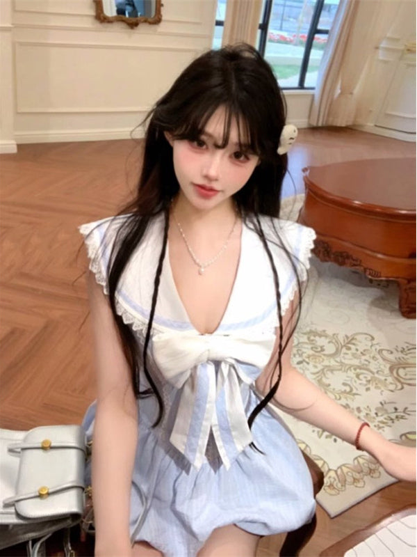 甘いミニスカート女性夏の新しいスリムなデザイン感の衝突色のステッチ海軍の襟の蝶ネクタイワンピース