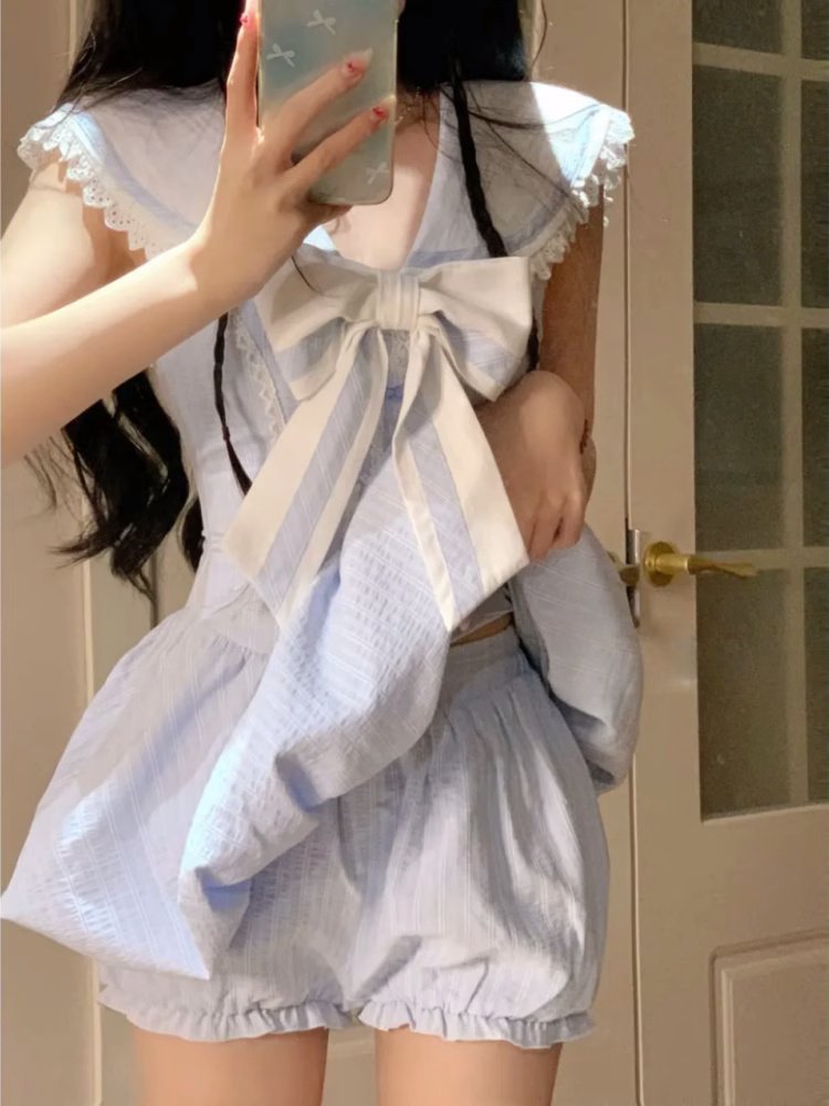 甘いミニスカート女性夏の新しいスリムなデザイン感の衝突色のステッチ海軍の襟の蝶ネクタイワンピース